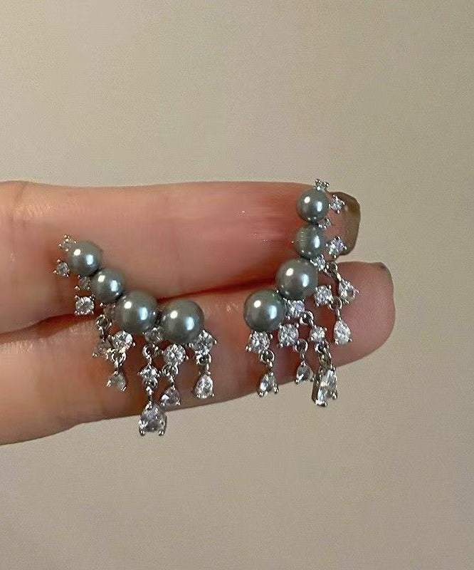 Style Grey Sterling Silver Zircon Arc Pearl Tassel Stud Earrings