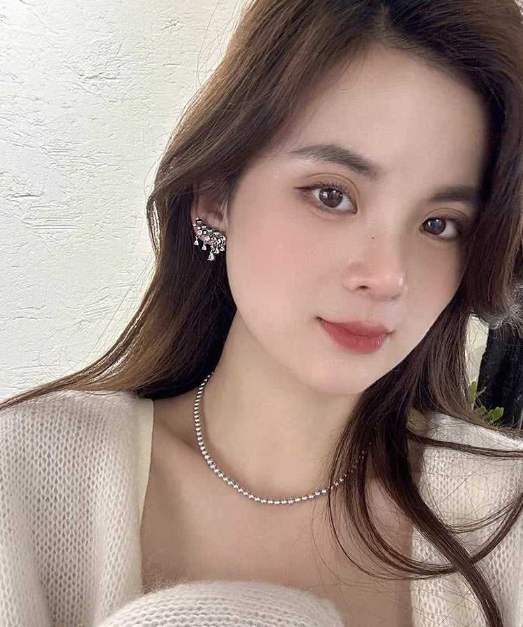 Style Grey Sterling Silver Zircon Arc Pearl Tassel Stud Earrings