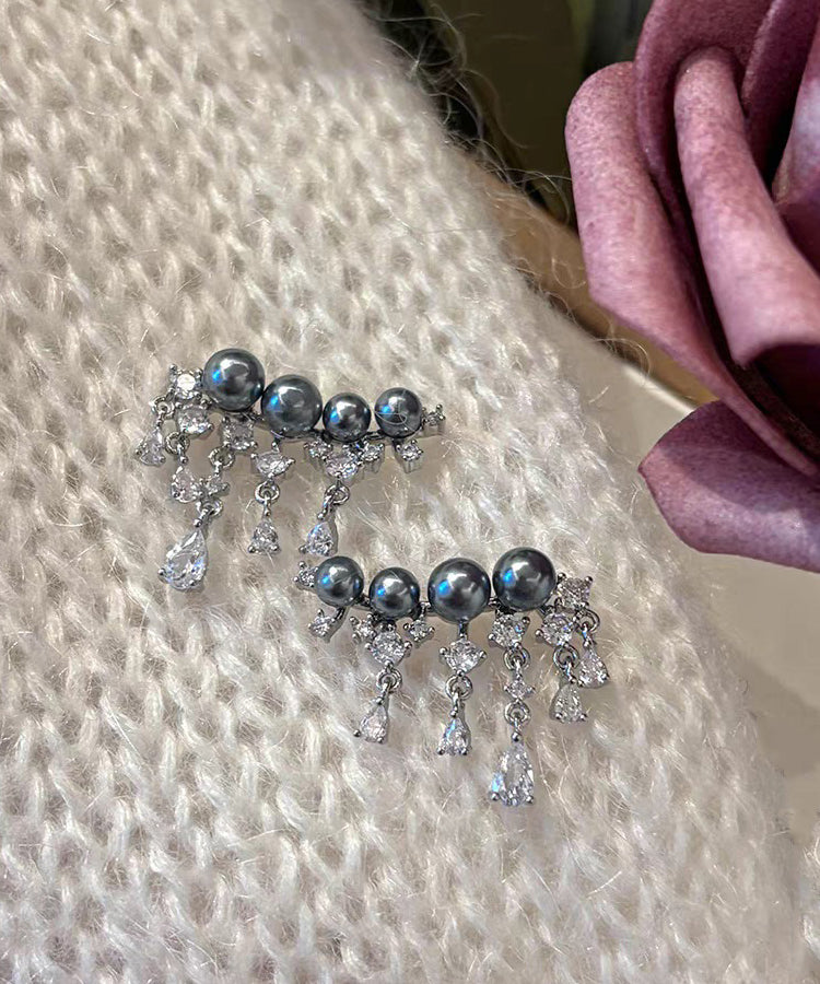 Style Grey Sterling Silver Zircon Arc Pearl Tassel Stud Earrings