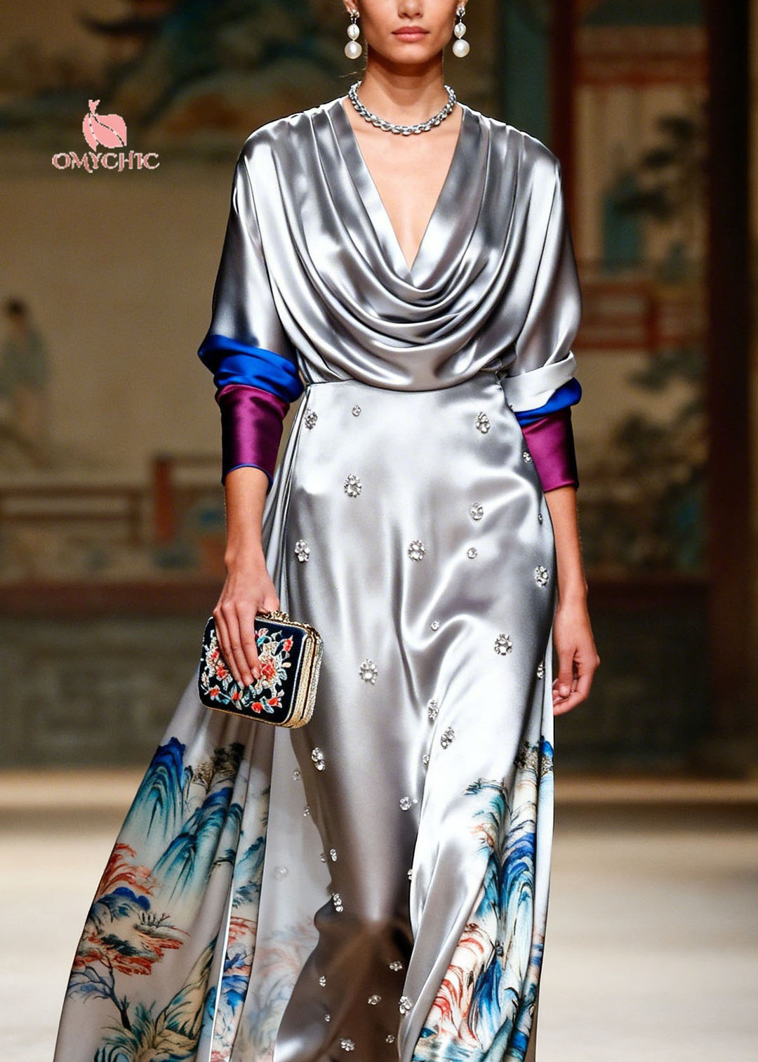 Style Grey Turtle Neck Print Zircon Silk Long Dresses