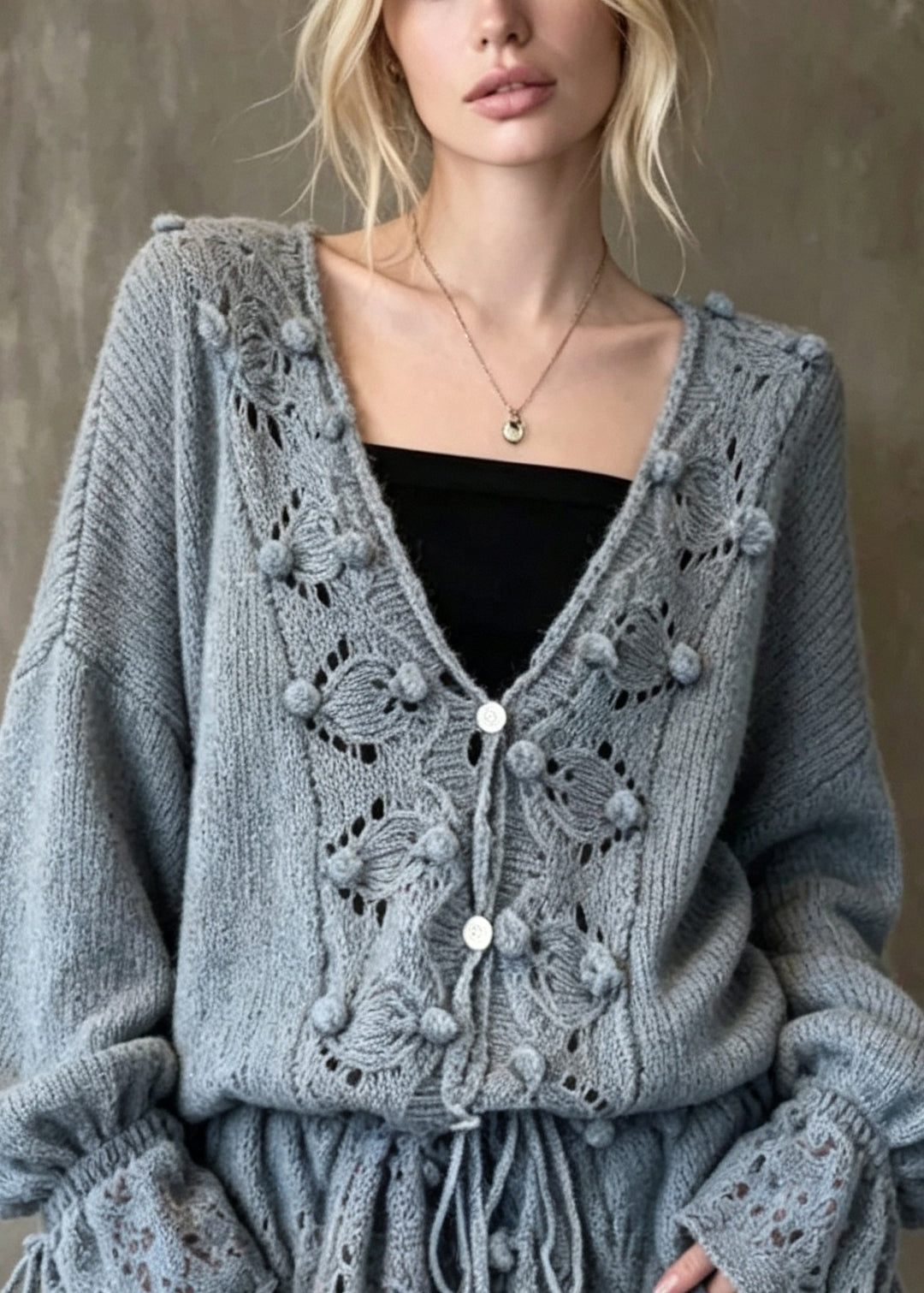 Style Grey V Neck Hollow Out Patchwork Knit Cardigan Flare Sleeve