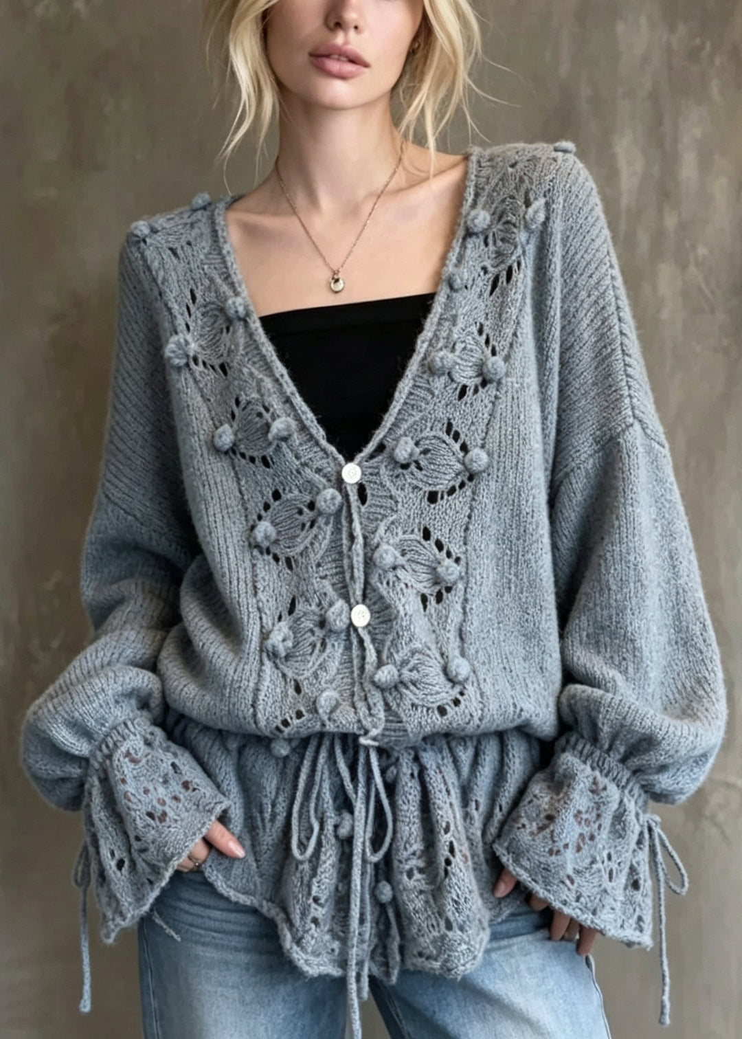 Style Grey V Neck Hollow Out Patchwork Knit Cardigan Flare Sleeve