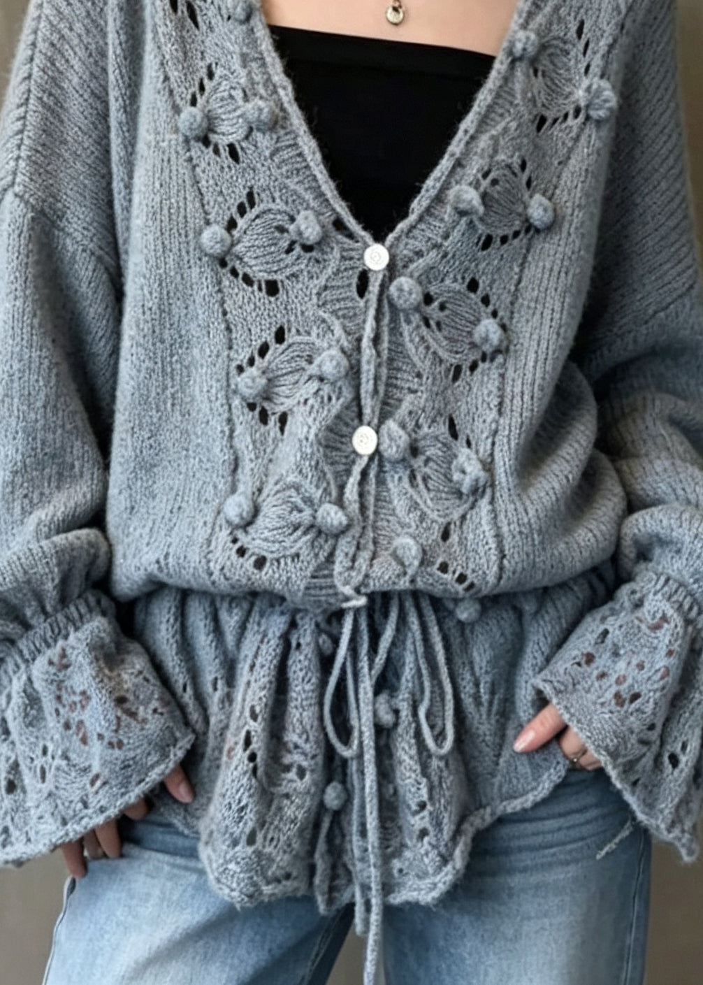 Style Grey V Neck Hollow Out Patchwork Knit Cardigan Flare Sleeve