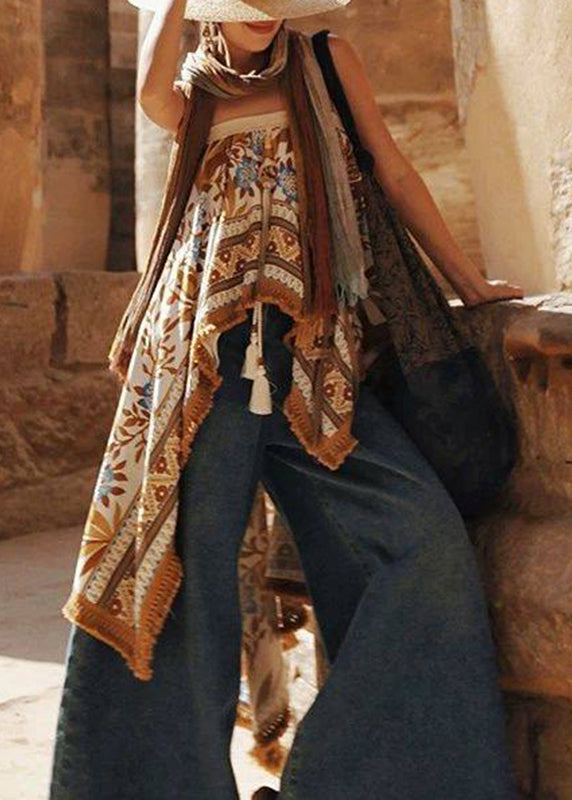 Style Khaki Asymmetrical Print Tassel Top Sleeveless