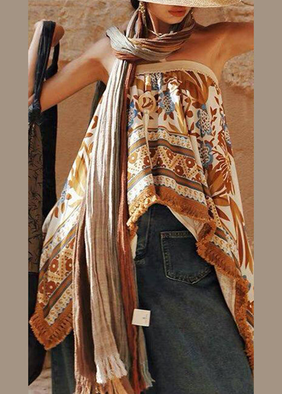 Style Khaki Asymmetrical Print Tassel Top Sleeveless