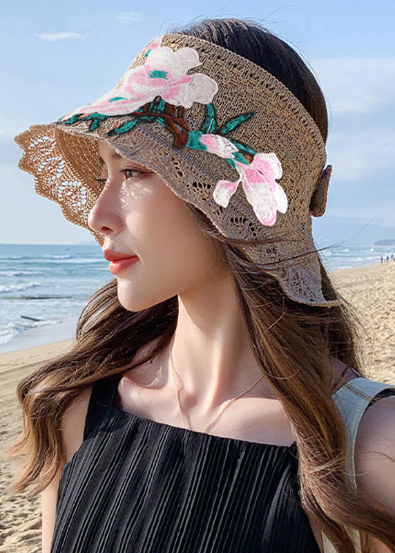 Style Khaki Embroidery Floral Knitted Cotton Floppy Sun Hat