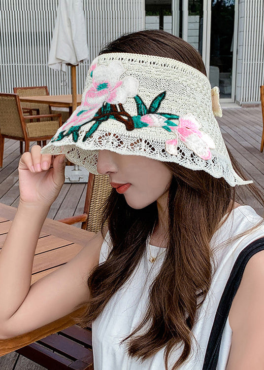 Style Khaki Embroidery Floral Knitted Cotton Floppy Sun Hat