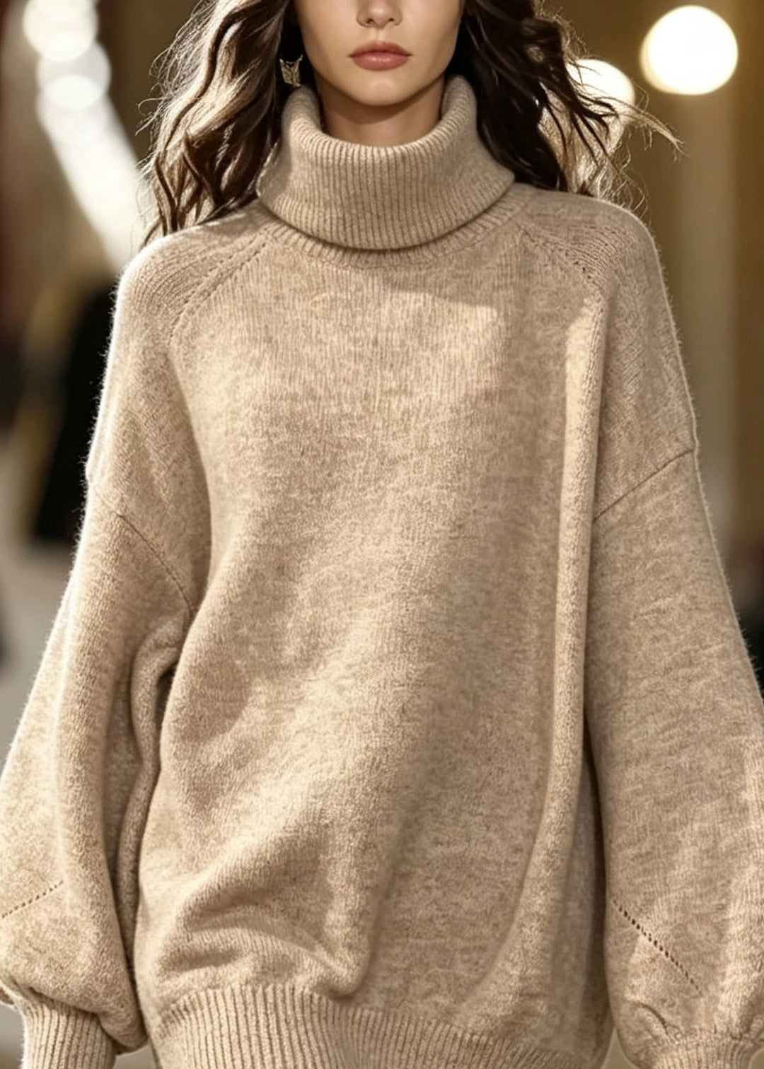 Style Khaki Hign Neck Patchwork Knit Sweater Dress Winter