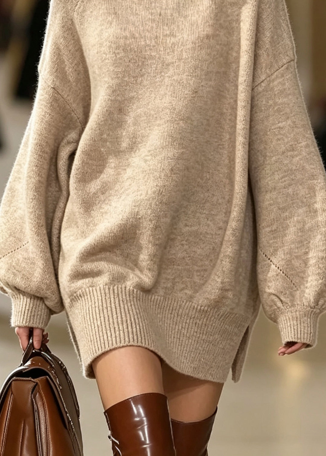 Style Khaki Hign Neck Patchwork Knit Sweater Dress Winter