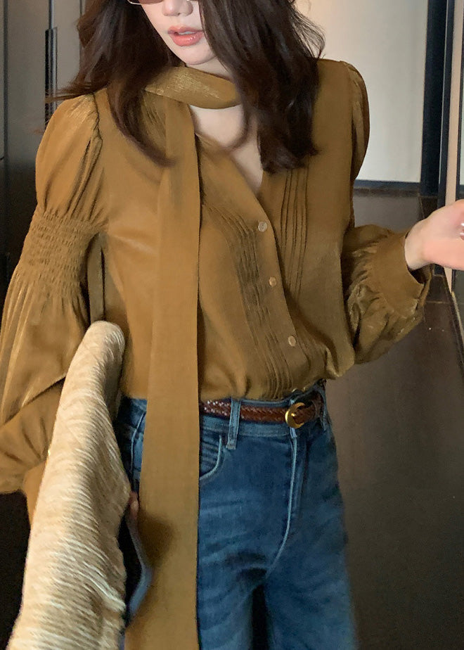 Style Khaki Neck Patchwork Wrinkled Silk Shirt Lantern Sleeve