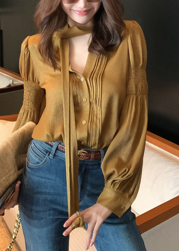 Style Khaki Neck Patchwork Wrinkled Silk Shirt Lantern Sleeve