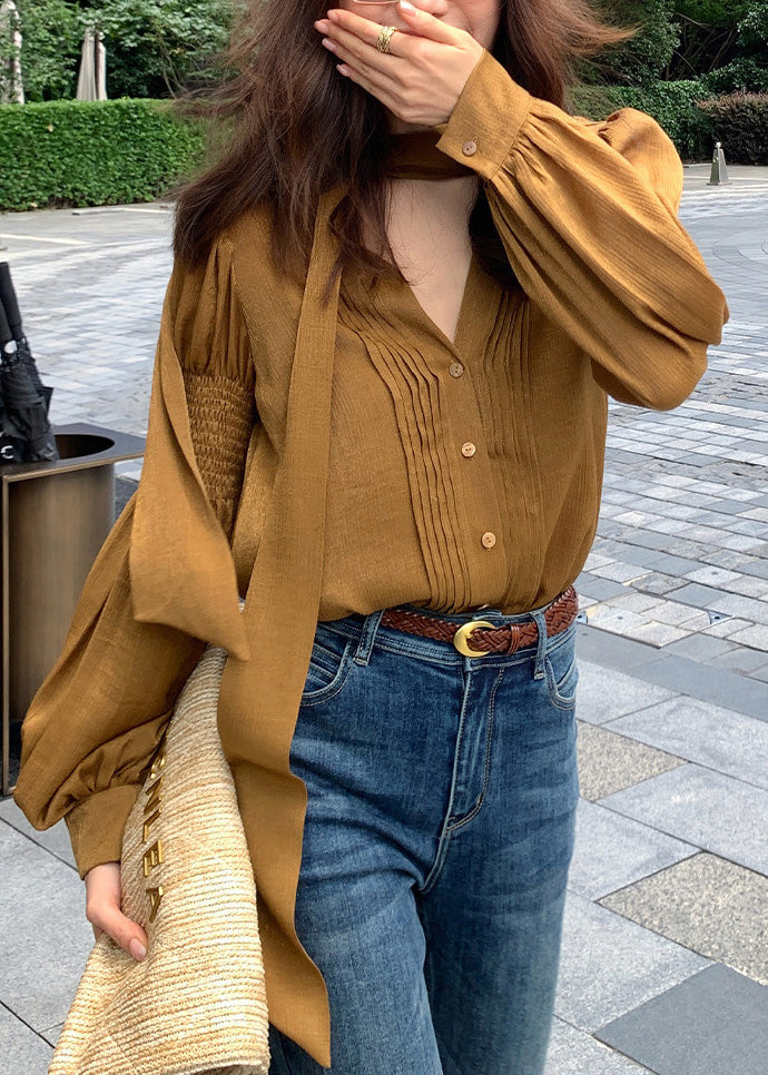 Style Khaki Neck Patchwork Wrinkled Silk Shirt Lantern Sleeve