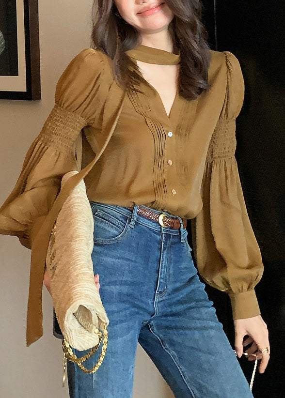 Style Khaki Neck Patchwork Wrinkled Silk Shirt Lantern Sleeve