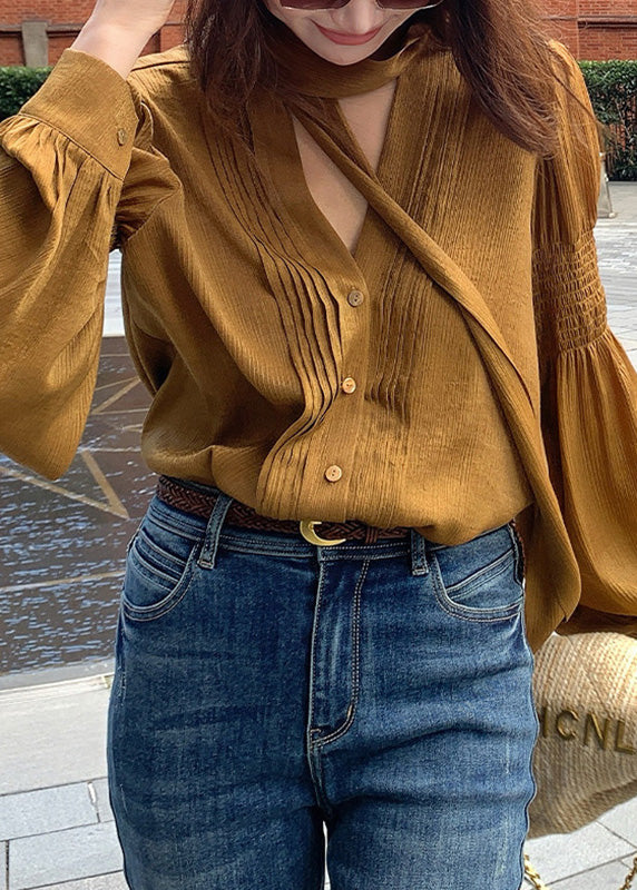 Style Khaki Neck Patchwork Wrinkled Silk Shirt Lantern Sleeve