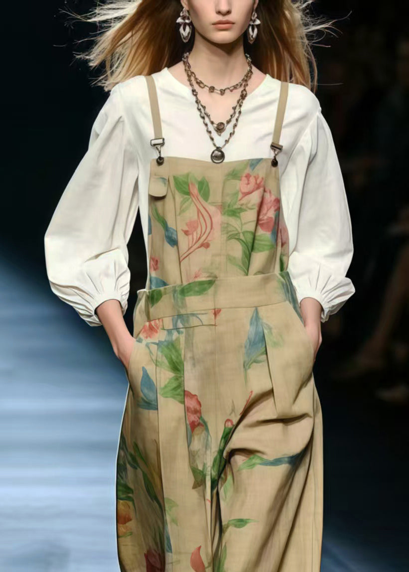 Style Khaki Oversized Print Cotton Jumpsuit Summer