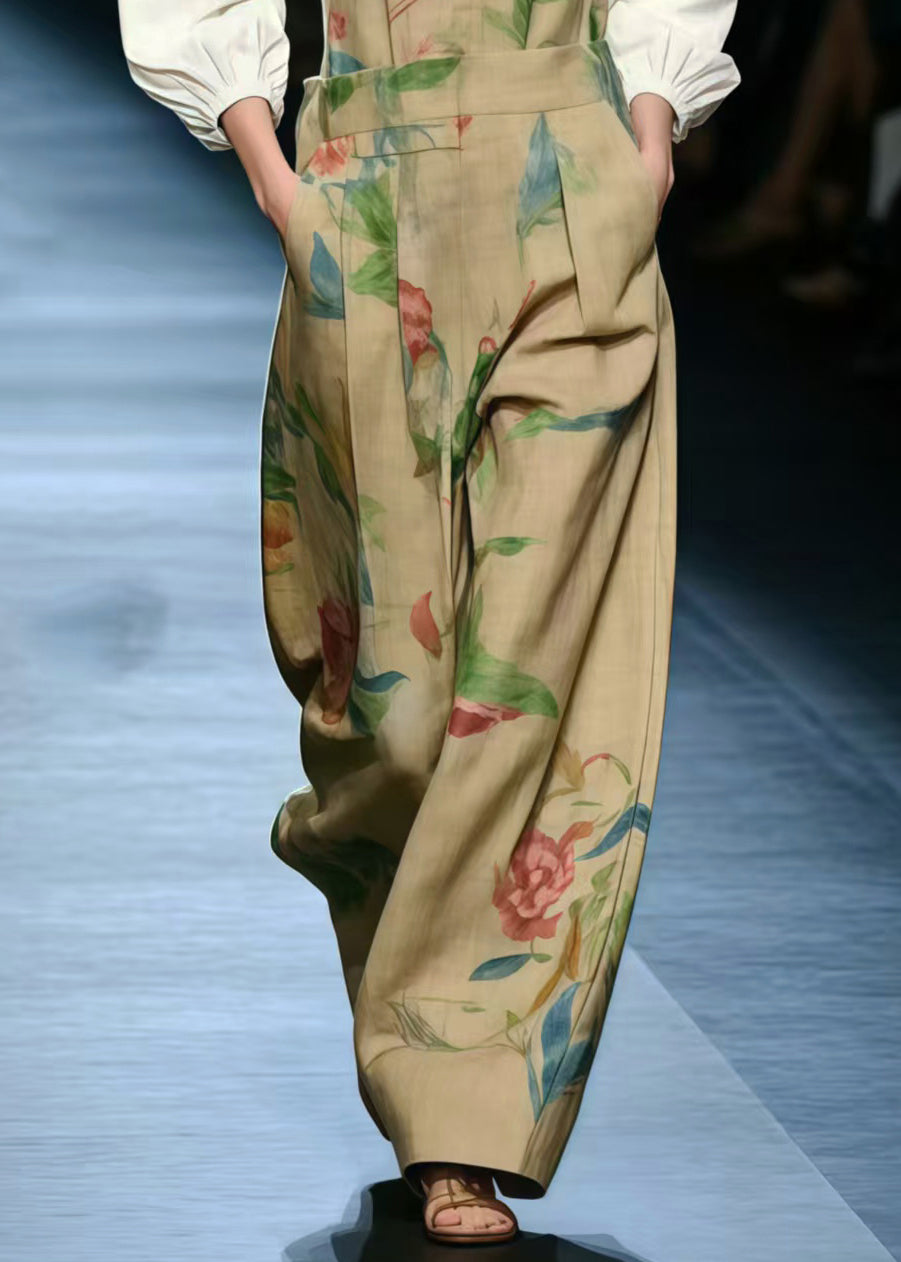 Style Khaki Oversized Print Cotton Jumpsuit Summer