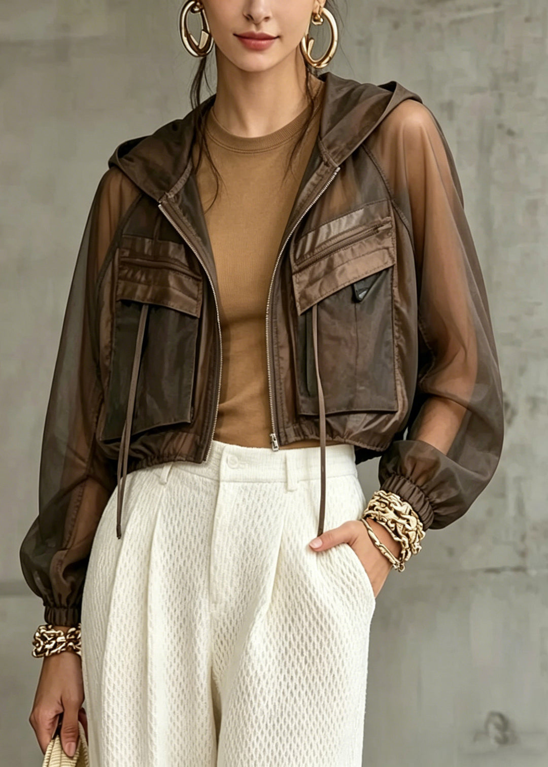 Style Khaki Pockets Patchwork Hooded UPF 50+ Coat Jacket Lantern Sleeve