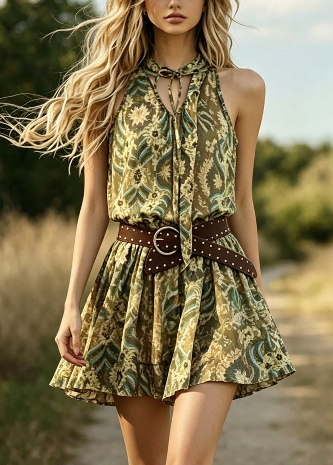 Style Khaki Print Chiffon Mid Dresses Summer