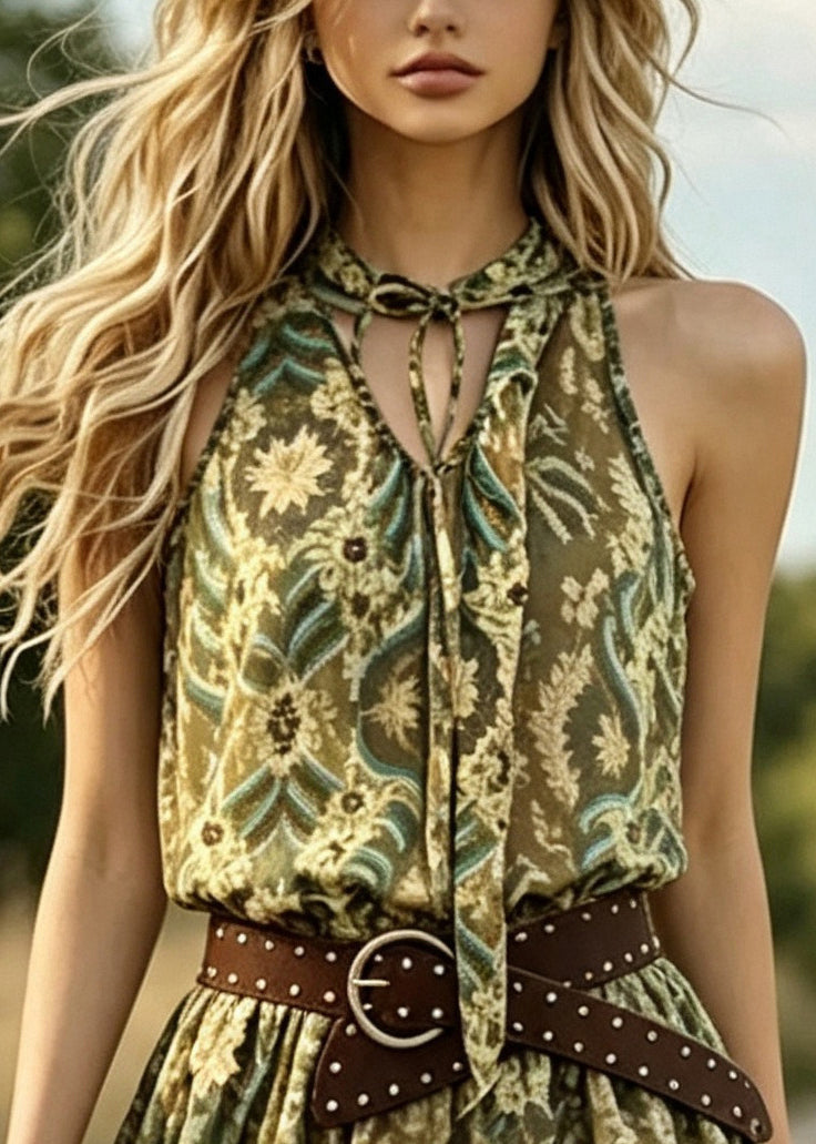 Style Khaki Print Chiffon Mid Dresses Summer