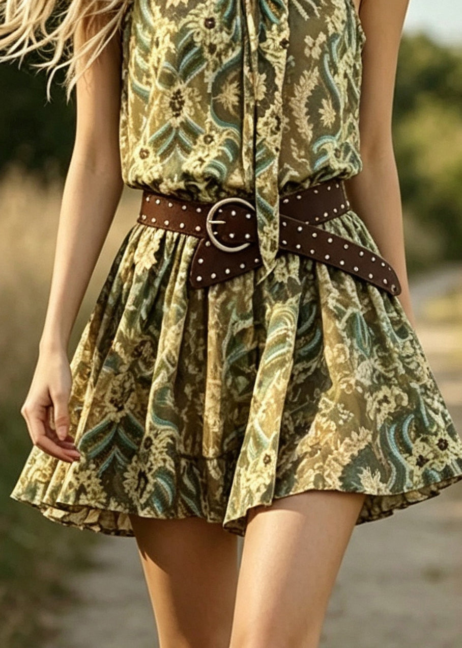 Style Khaki Print Chiffon Mid Dresses Summer