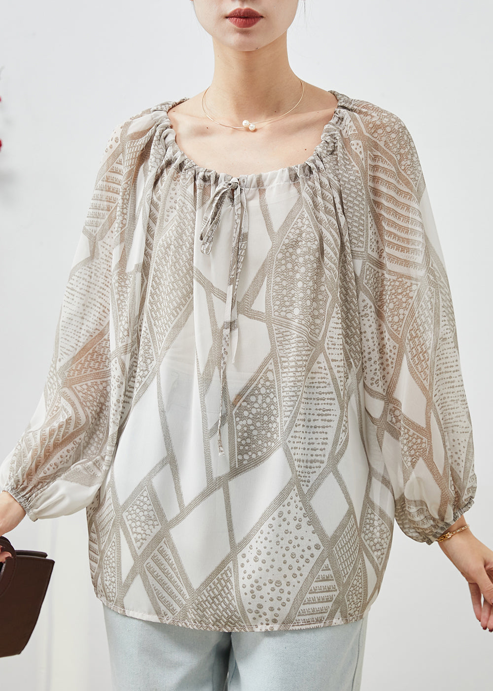 Style Khaki Print Drawstring Chiffon Shirt Top Spring