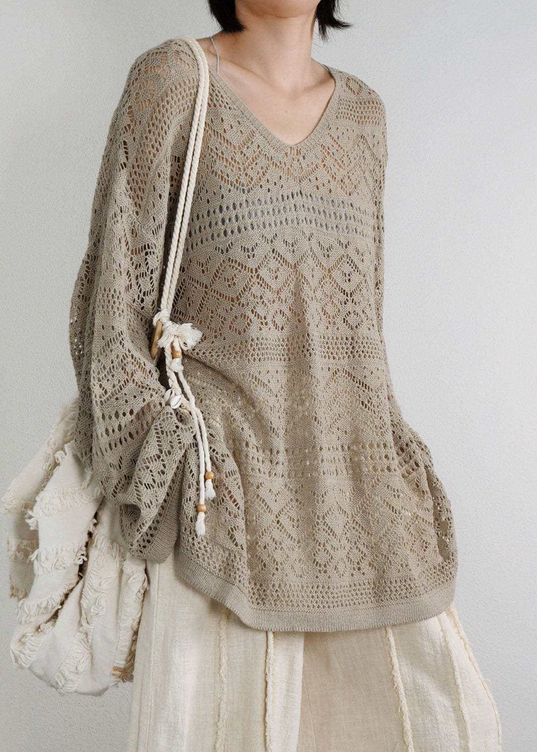 Style Khaki V Neck Cozy Knit Tops Long Sleeve