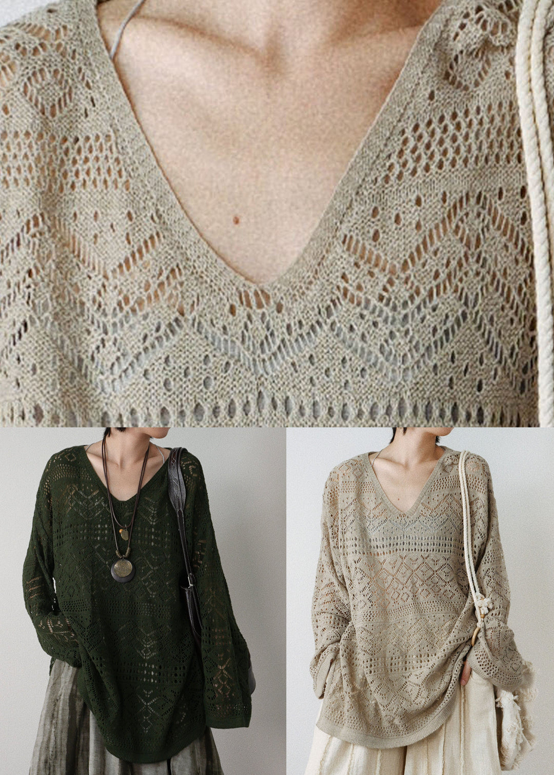 Style Khaki V Neck Cozy Knit Tops Long Sleeve