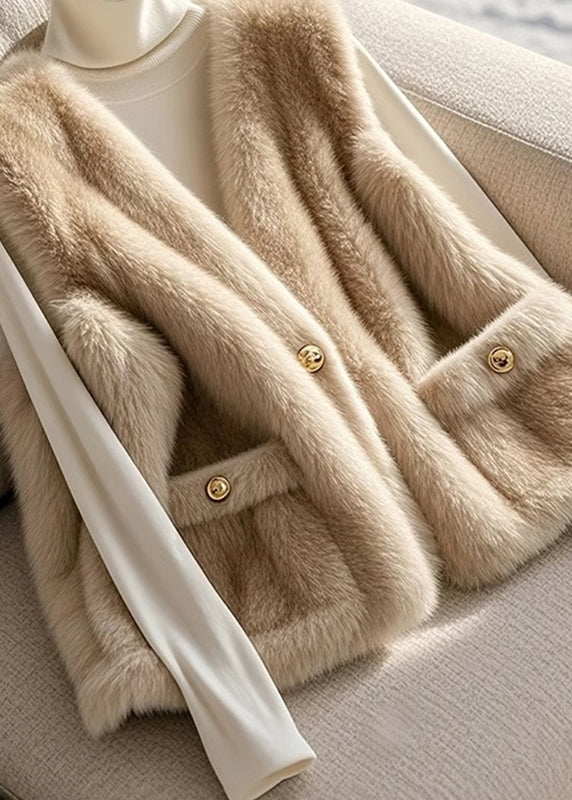 Style Khaki V Neck Pockets Mink Velvet Fur Vest Winter