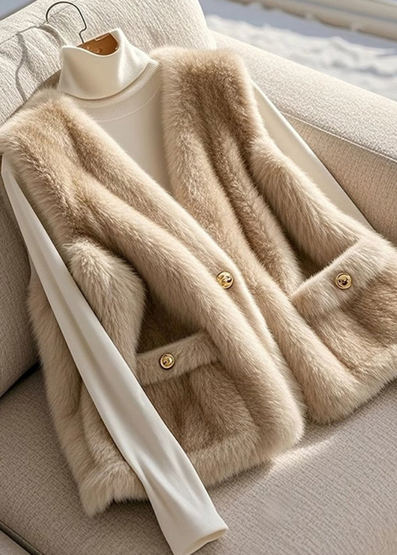 Style Khaki V Neck Pockets Mink Velvet Fur Vest Winter