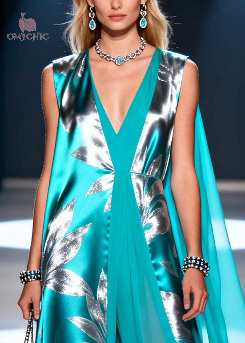 Style Lake Blue Jacquard Patchwork Chiffon Maxi Dresses Summer