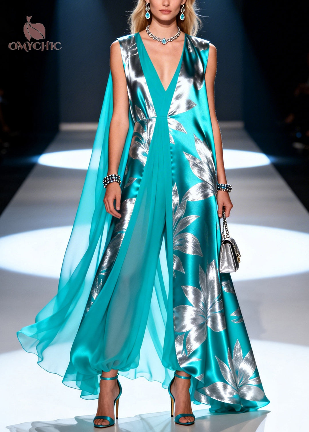 Style Lake Blue Jacquard Patchwork Chiffon Maxi Dresses Summer