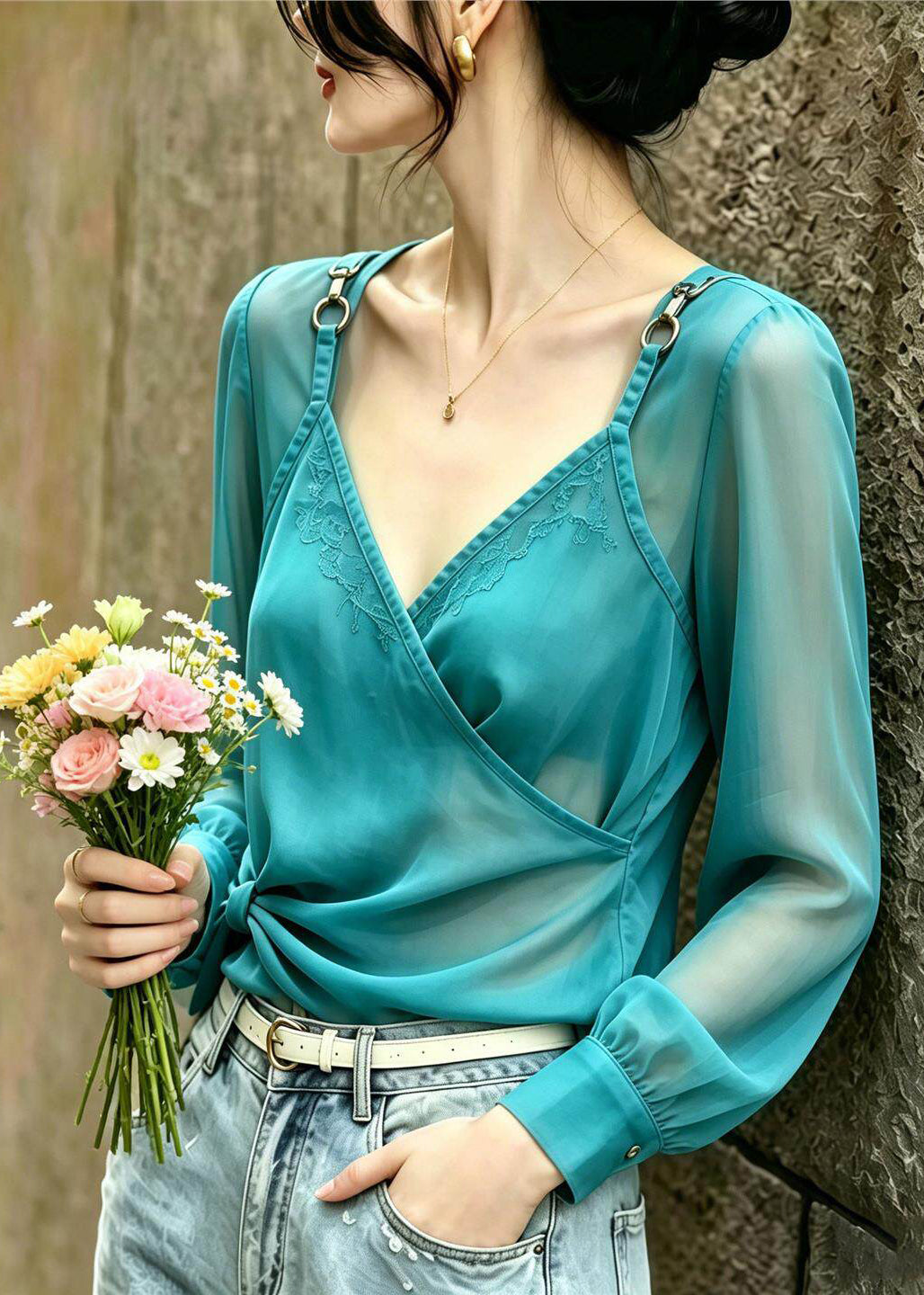 Style Lake Green Jacquard Patchwork Chiffon Shirts Summer
