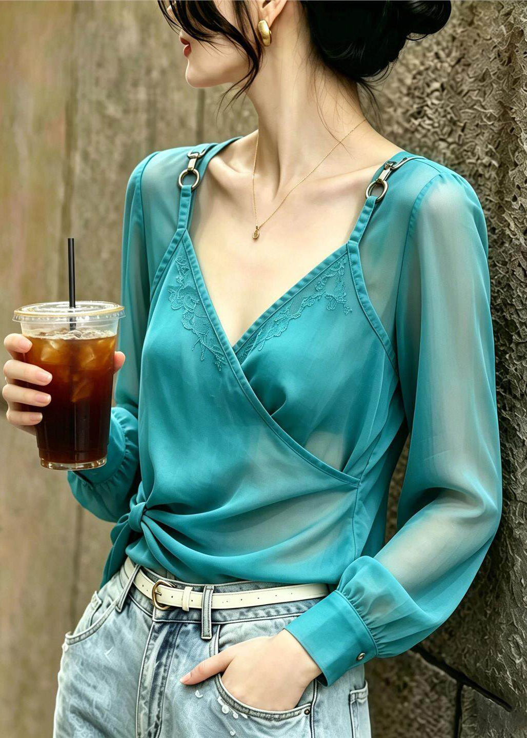 Style Lake Green Jacquard Patchwork Chiffon Shirts Summer