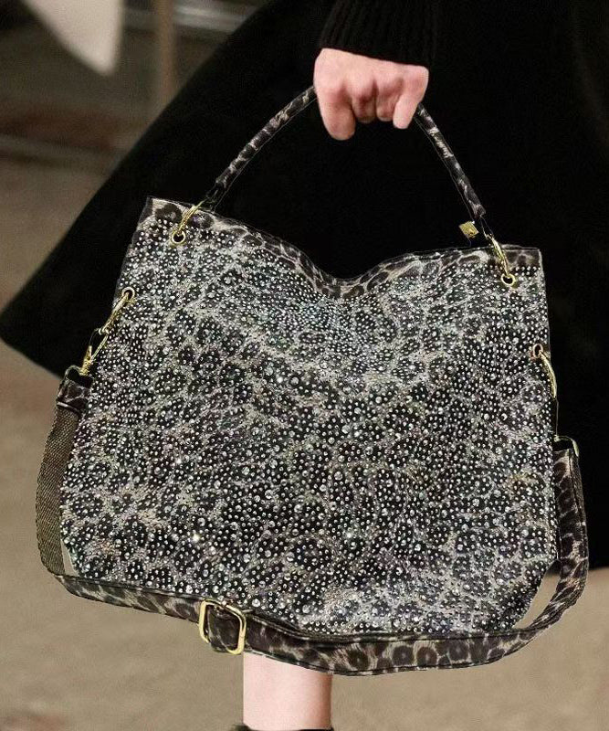 Style Leopard Print Rhinestone Large Capacity Faux Leather Tote Handbag