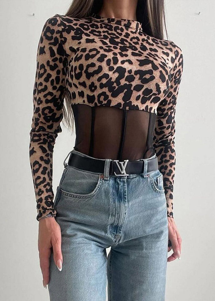 Style Leopard Turtleneck Tulle Patchwork Bodysuit