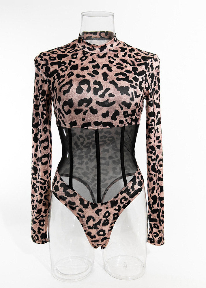 Style Leopard Turtleneck Tulle Patchwork Bodysuit