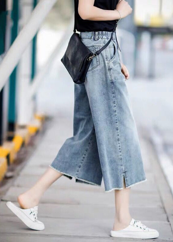 Style Light Blue Elastic Waist Denim Crop Straight Pants Trousers Summer