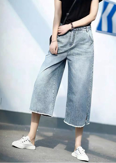 Style Light Blue Elastic Waist Denim Crop Straight Pants Trousers Summer