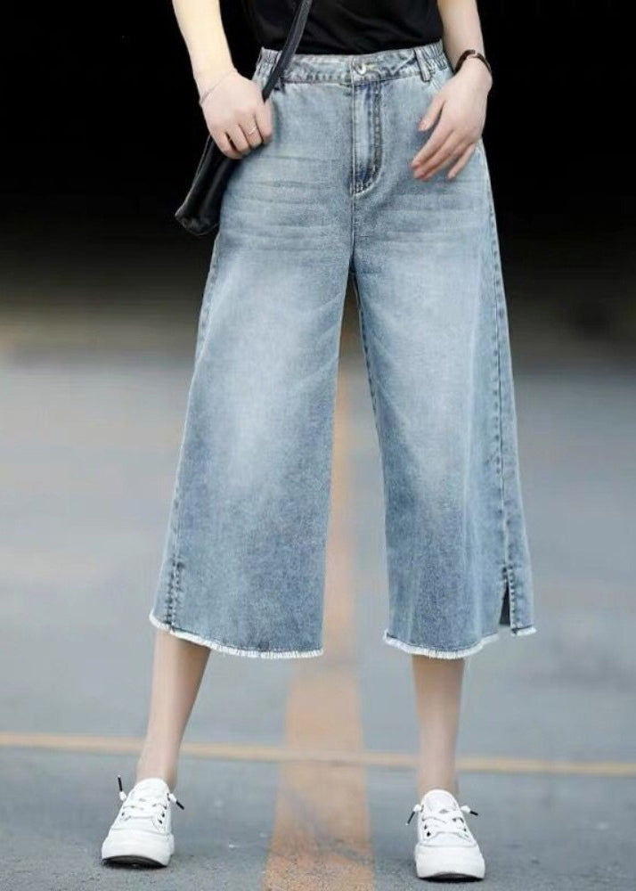 Style Light Blue Elastic Waist Denim Crop Straight Pants Trousers Summer
