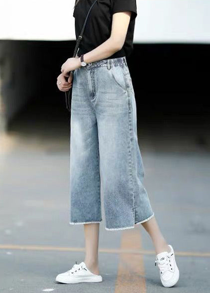 Style Light Blue Elastic Waist Denim Crop Straight Pants Trousers Summer