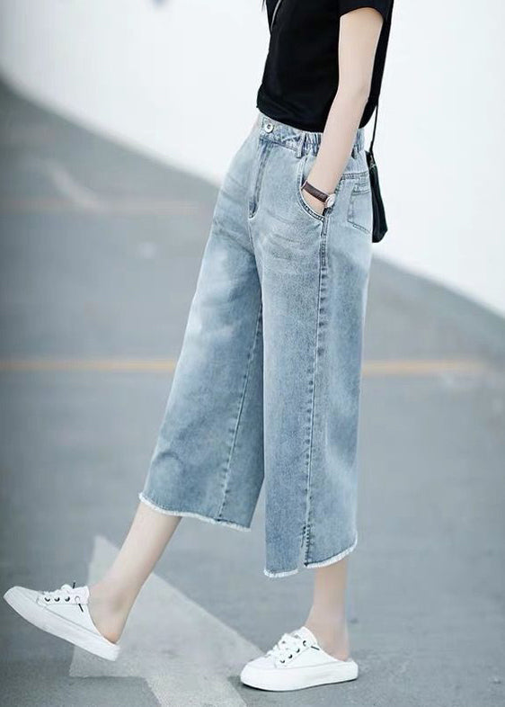 Style Light Blue Elastic Waist Denim Crop Straight Pants Trousers Summer