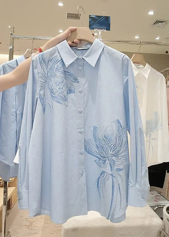Style Light Blue Embroidered Button Shirt Spring