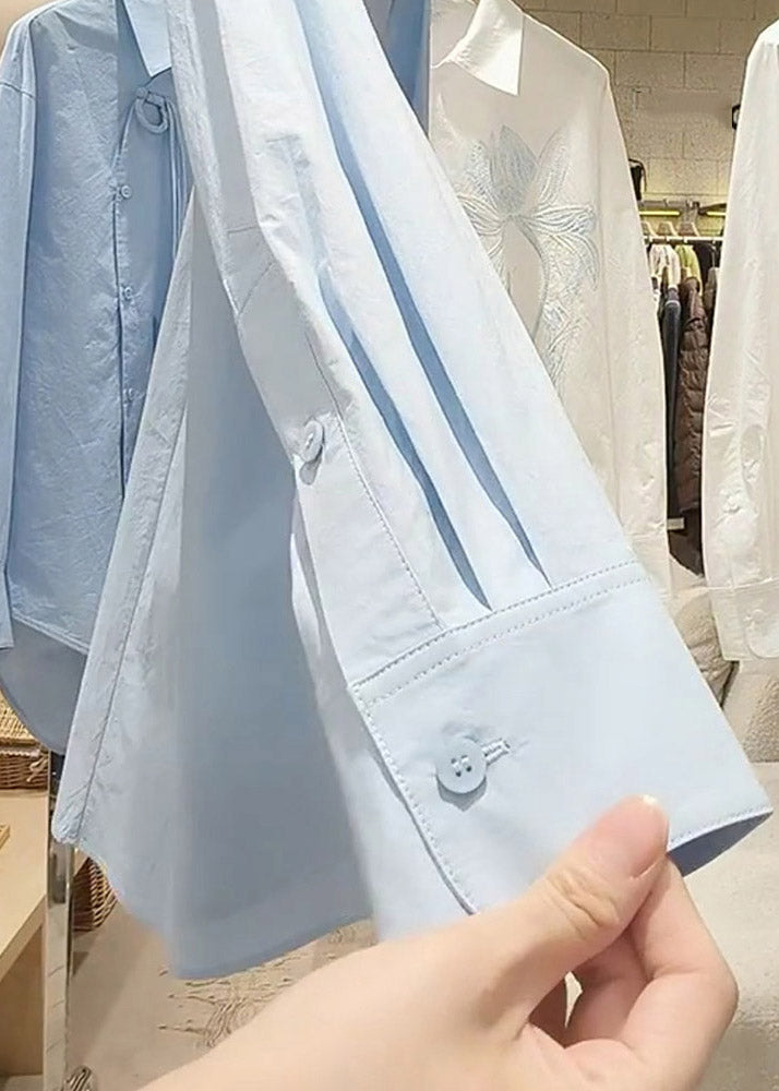 Style Light Blue Embroidered Button Shirt Spring