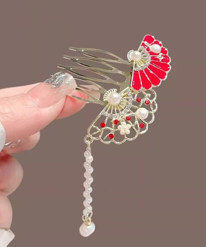 Style Light Green Alloy Zircon Pearl Hollow Out Fan-Shaped Tassel Hairpin