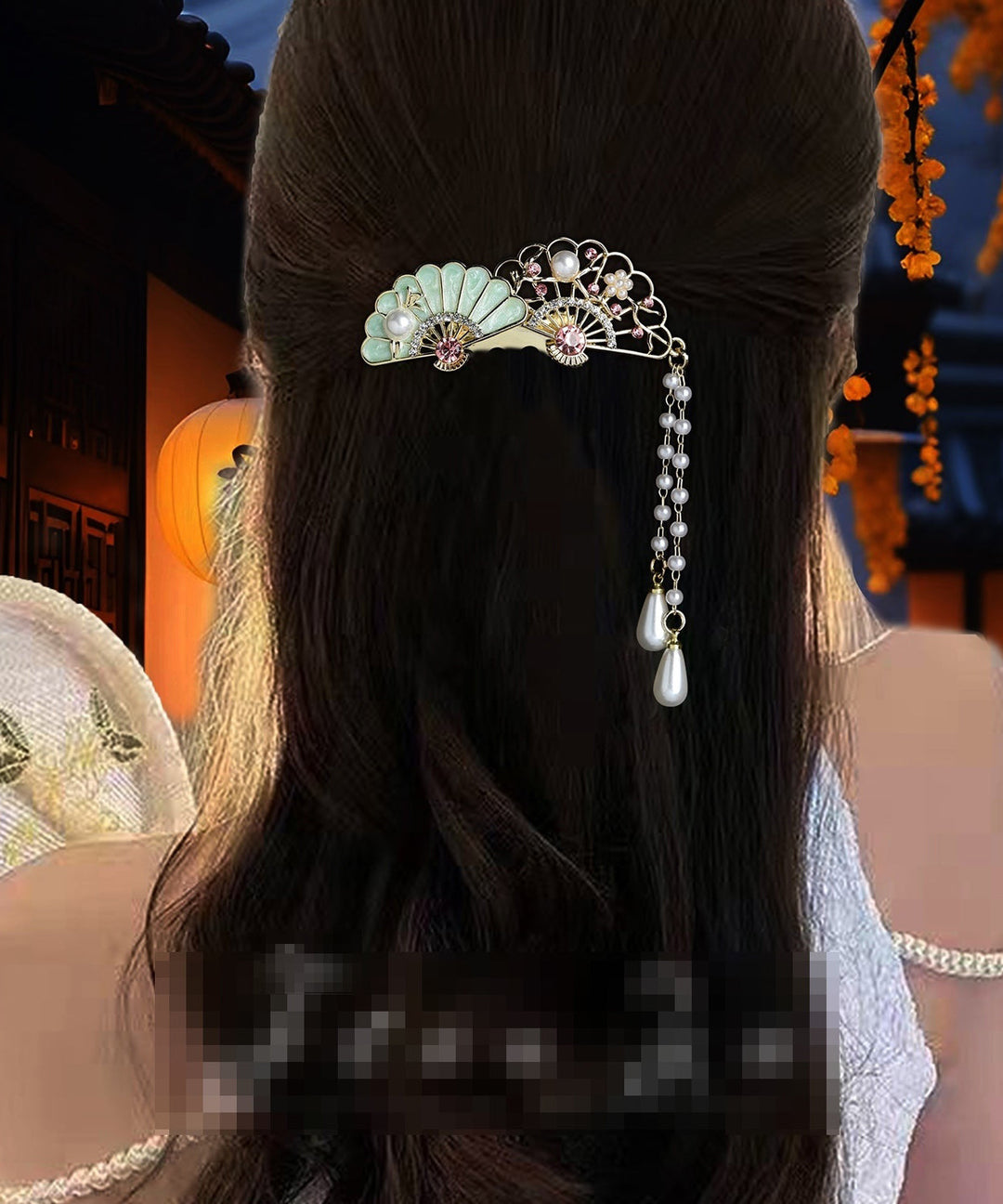 Style Light Green Alloy Zircon Pearl Hollow Out Fan-Shaped Tassel Hairpin