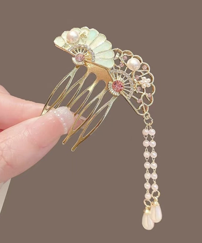Style Light Green Alloy Zircon Pearl Hollow Out Fan-Shaped Tassel Hairpin