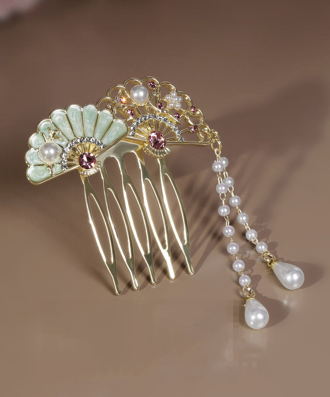 Style Light Green Alloy Zircon Pearl Hollow Out Fan-Shaped Tassel Hairpin