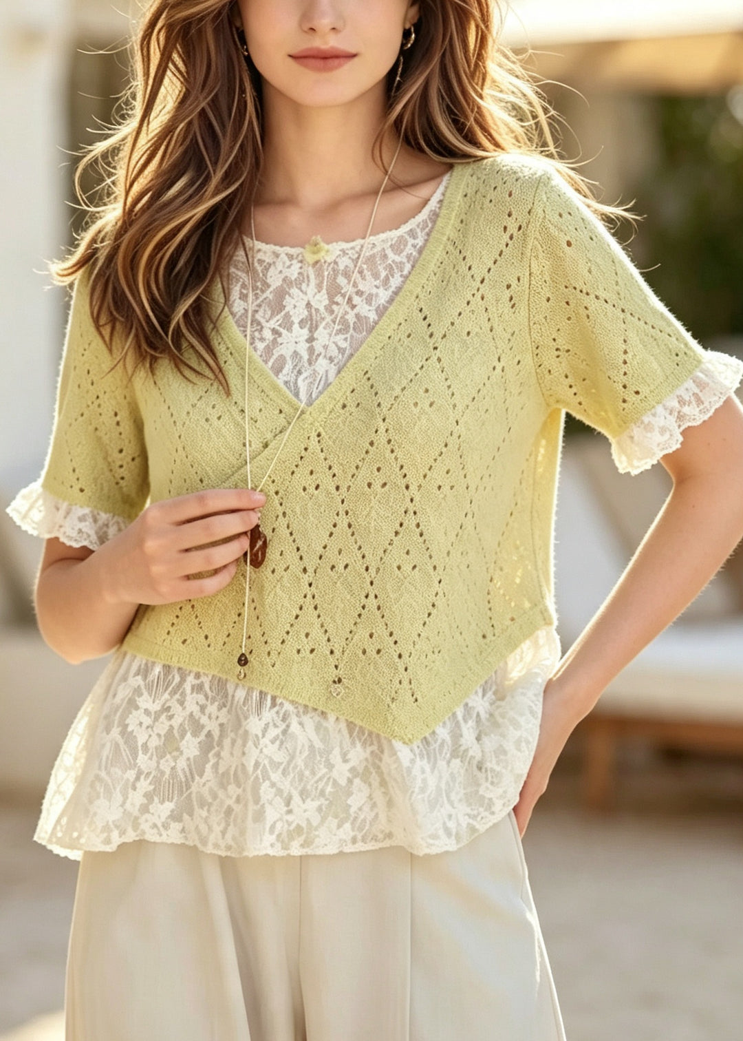 Style Light Green Oversized Patchwork Lace Blouses Summer