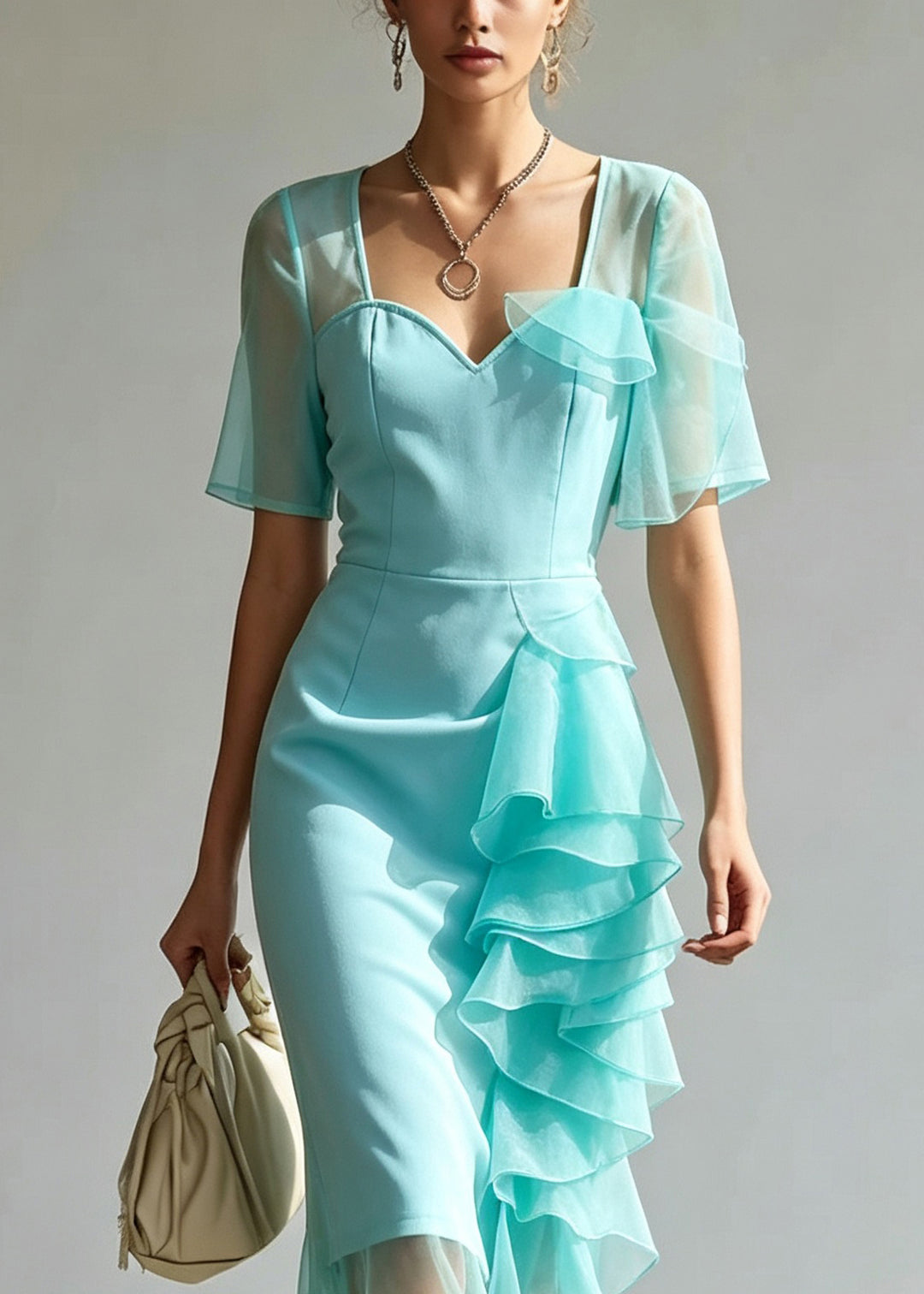 Style Light Green Tulle Patchwork Solid Maxi Dress Short Sleeve