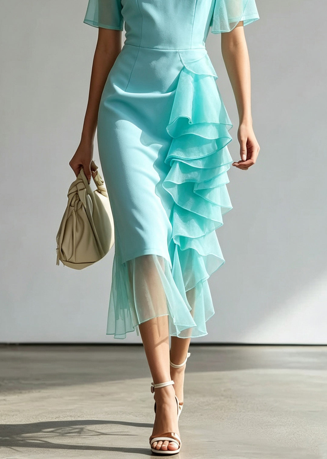 Style Light Green Tulle Patchwork Solid Maxi Dress Short Sleeve